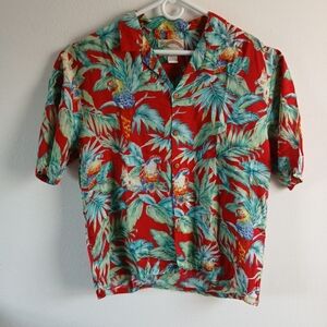 Paradise Found Red Hawaiian Shirt Vintage Parrots Palm Tree Size L